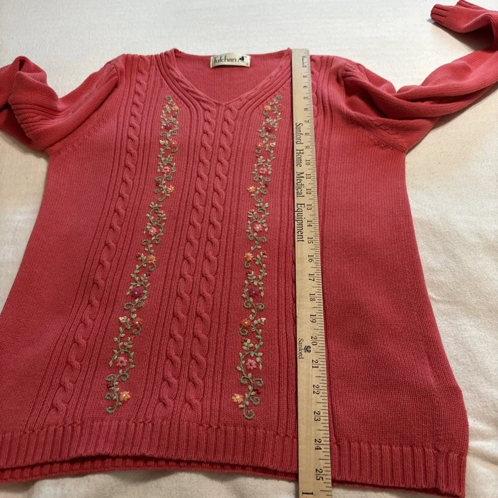 Tulchan‎ Pink Knit Sweater Floral Embroidered Trim Cotton SzS Cottagecore
